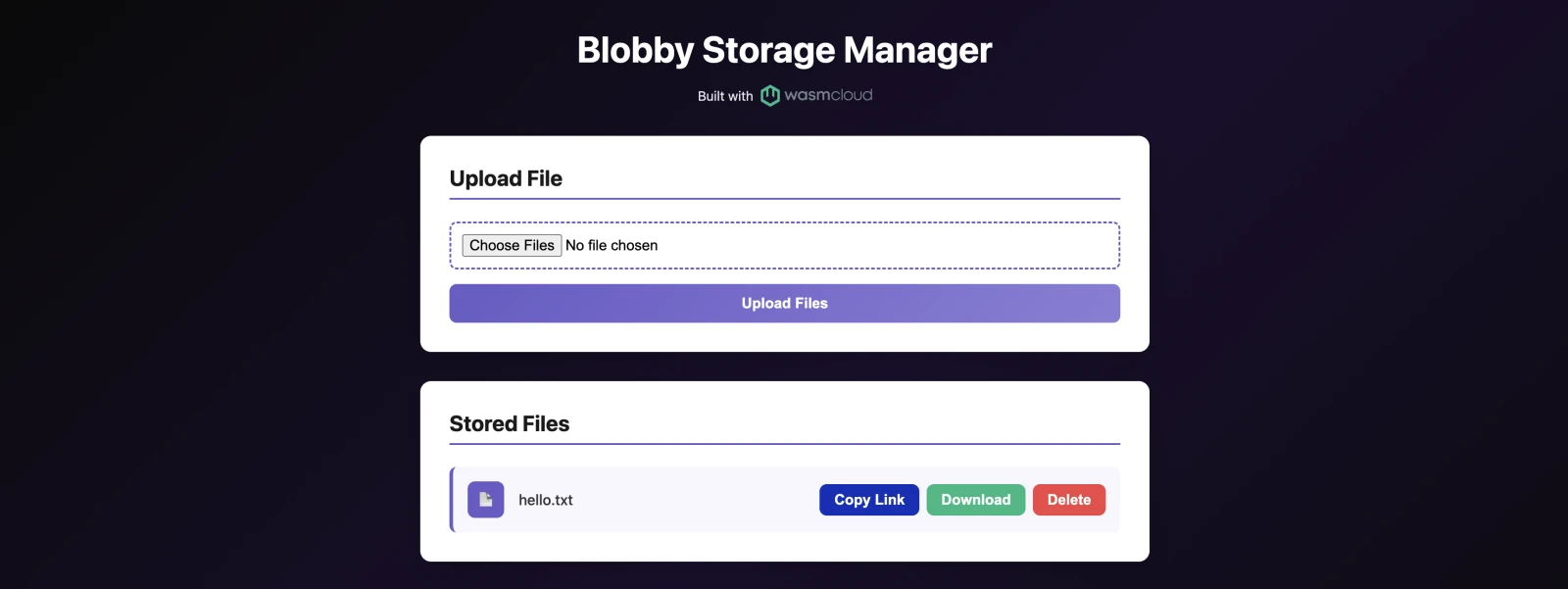 Blobby Storage Manager UI showing an uploaded file with Copy Link, Download, and Delete buttons